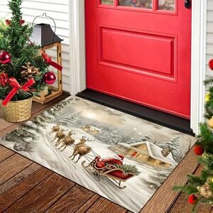 15.7" x 23.6" Polyester Festive Holiday Santa Claus & Reindeer Sleigh Door Mat